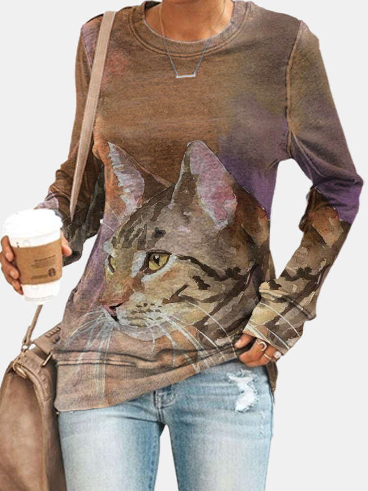 Casual Cat Print O-neck Long Sleeve Sweatshirt For Women