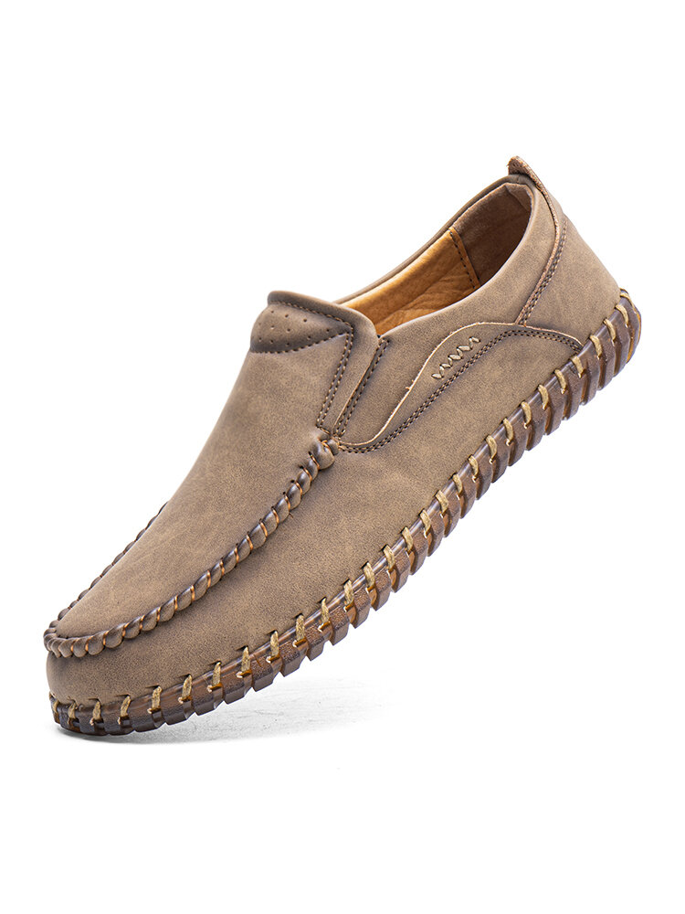 

Men Casual Brief Comfy Leather Pure Color Slip On Hand Stitching Shoes, Black;blue;khaki