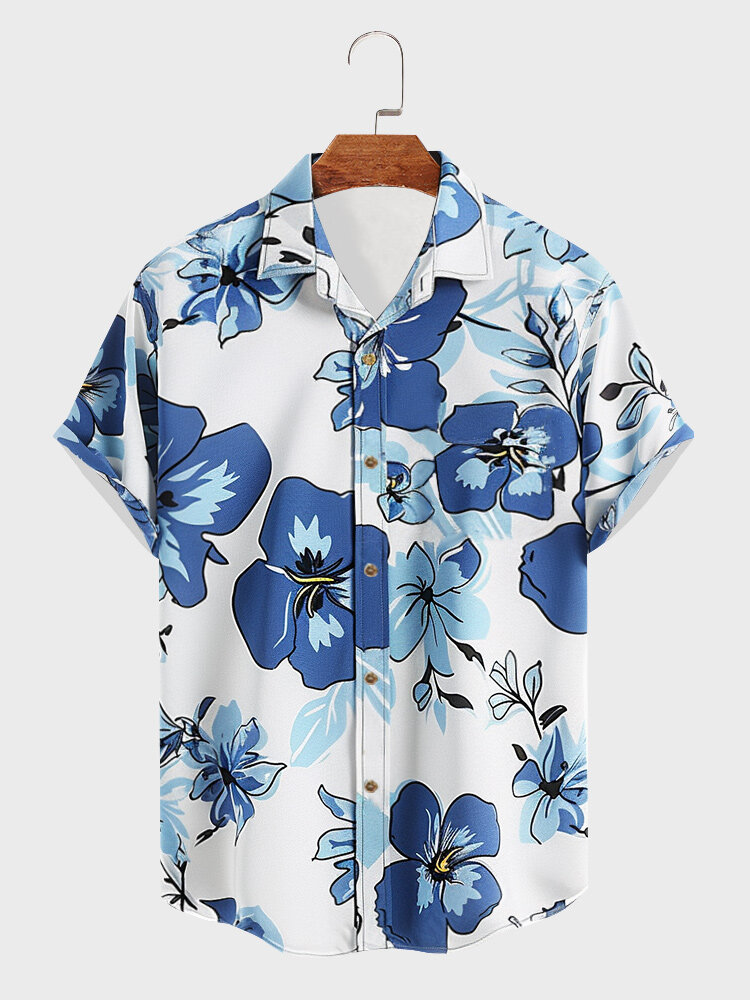 

Mens Floral Print Lapel Collar Short Sleeve Shirts, Blue