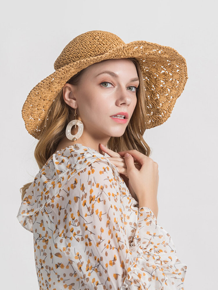 Woman Solid Color Large Edge Cap Travel Shade Straw Hat With Fine Needle Leather Rope 