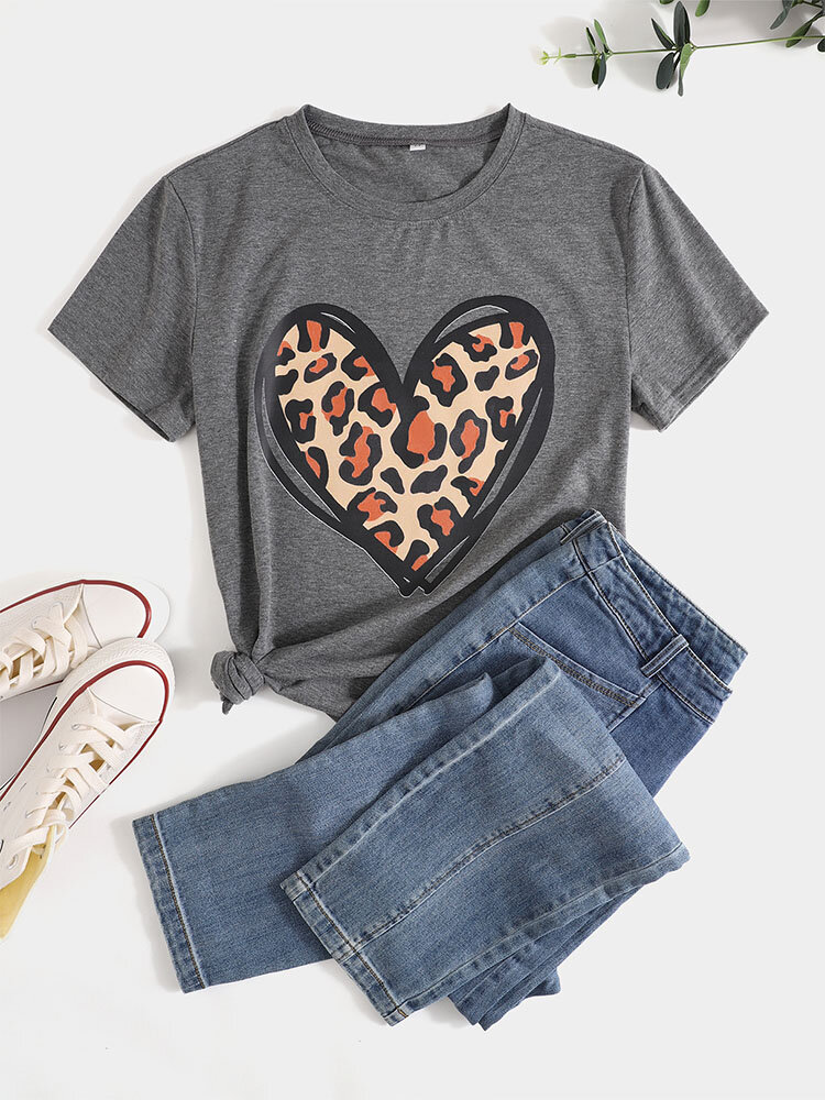 Heart Leopard Print O-neck Short Sleeves Casual T-Shirt For Women