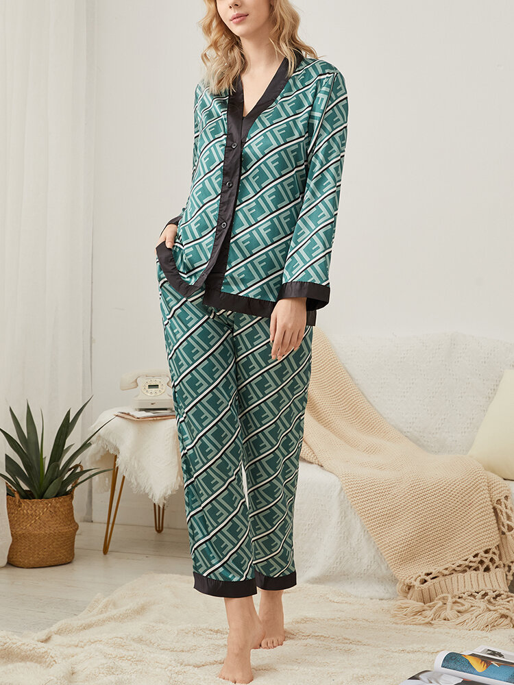Women Geometric Print Faux Silk V Neck Button Up Elegant Pajama Sets