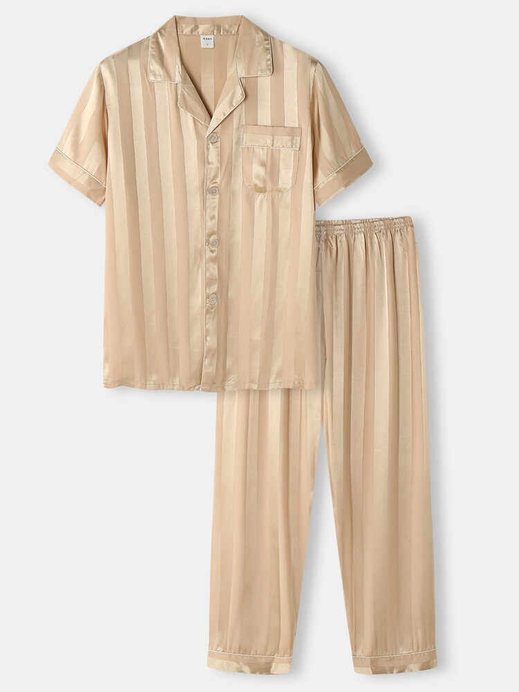 

Mens Striped Jacquard Revere Collar Satin Cozy Contrast Binding Pajamas Sets, Dark gray