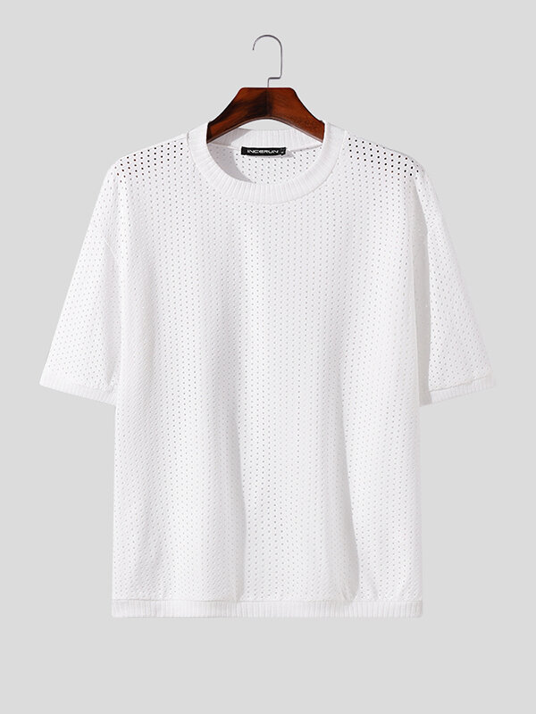 

Mens Mesh Knit See Through Casual T-Shirt, Black;white