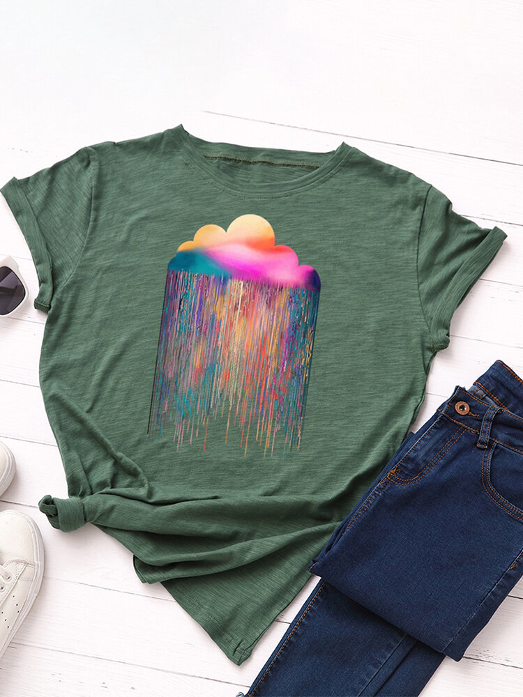 Rainbow Rain Printed Short Sleeve O-neck T-shirt For Women