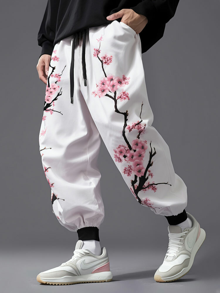 

Mens Japanese Cherry Blossoms Print Loose Drawstring Waist Pants, White