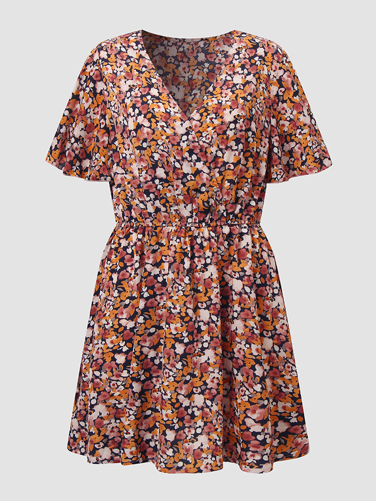 Floral Print Wrap V-neck Short Sleeve Summer Dress