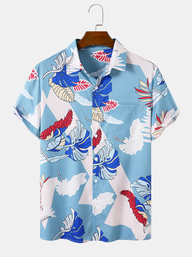 Camisas hawaianas con cuello de solapa y estampado de hojas tropicales para hombre