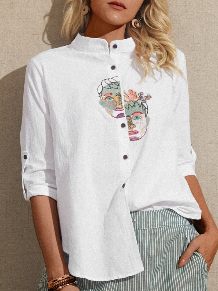 Vintage Embroideried Abstract Portrait Long Sleeve Casual Blouse