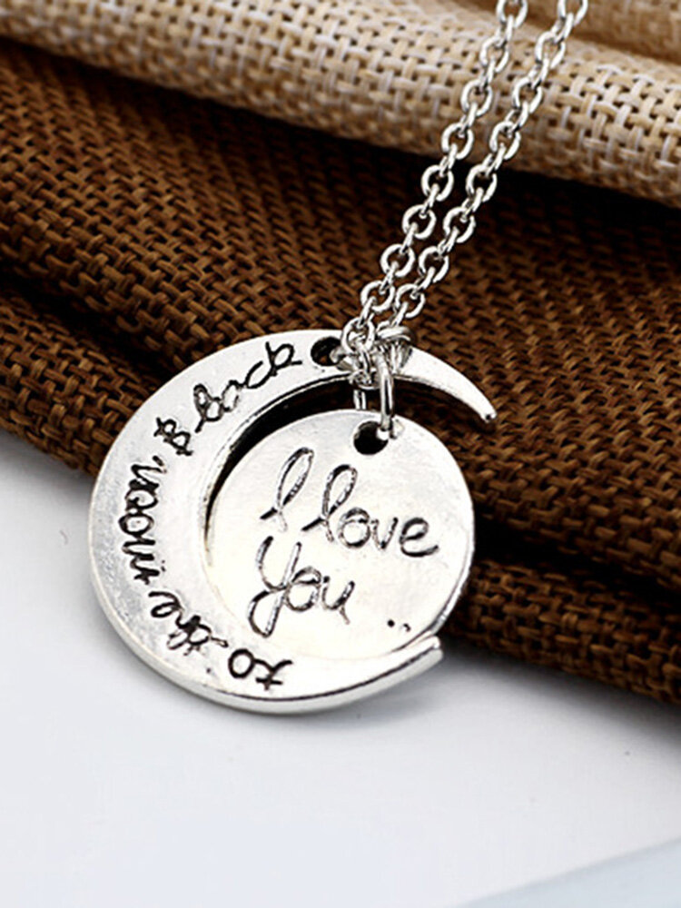 Trendy Metal Geometric Moon Love Necklace I Love You Letter Pendant Necklace