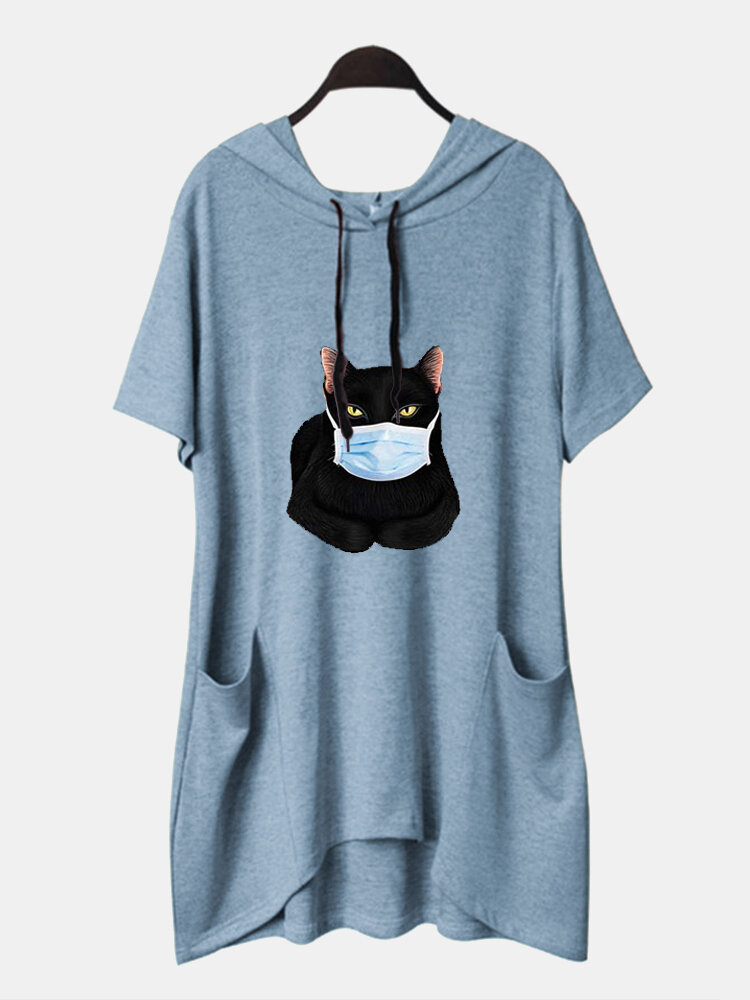 Cartoon Cat Printed Hooded Long Blouse With Pocket