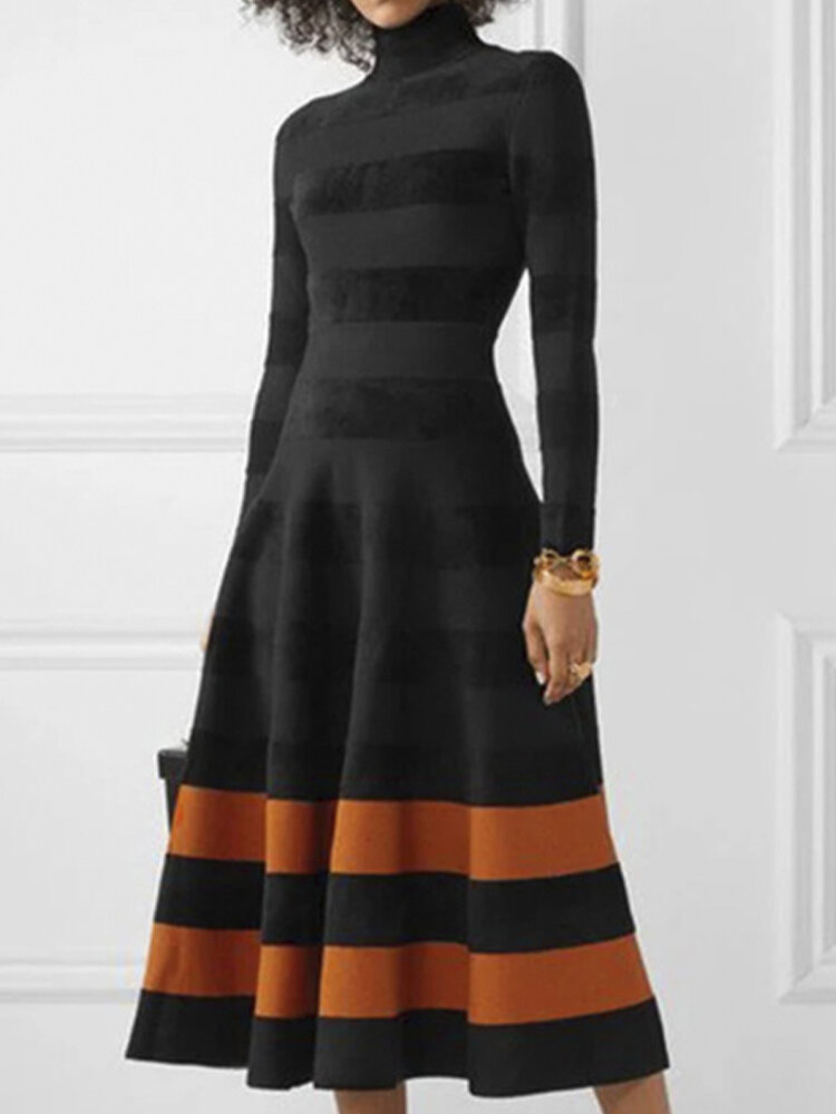Stripe Contrast Color Patchwork Long Sleeve Dress For Women