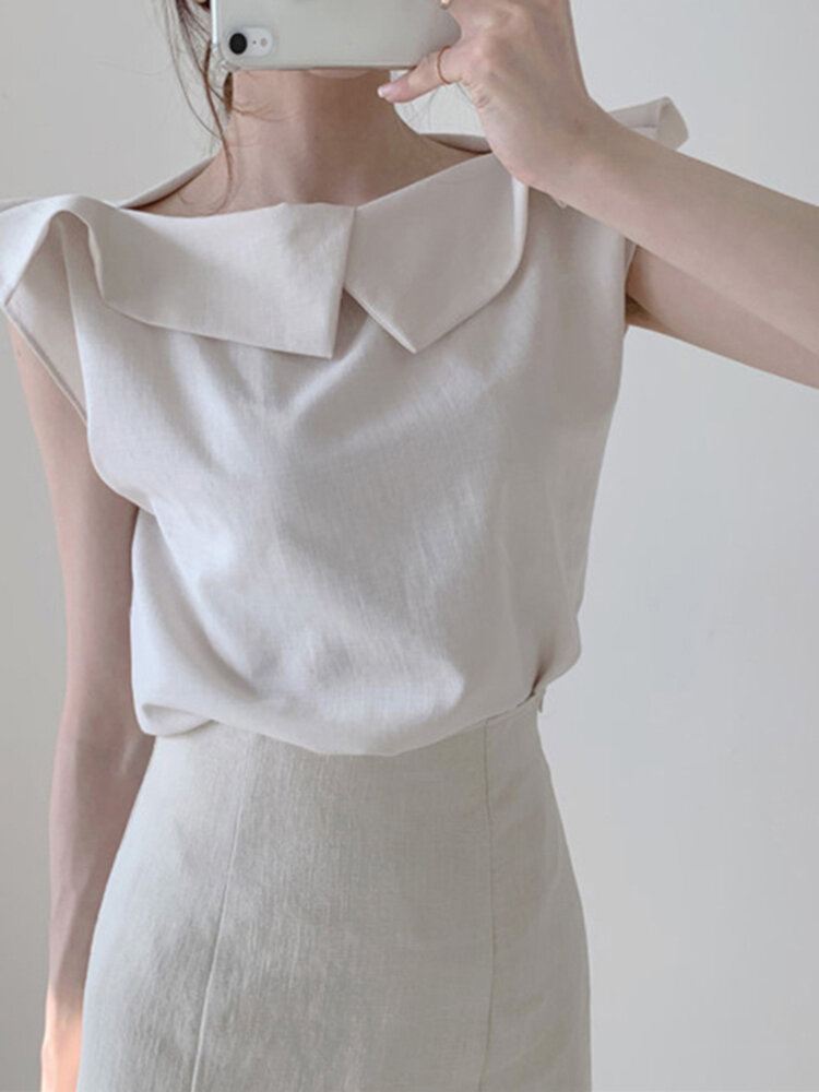 Solid Lapel Short Sleeve Asymmetrical Blouse For Women