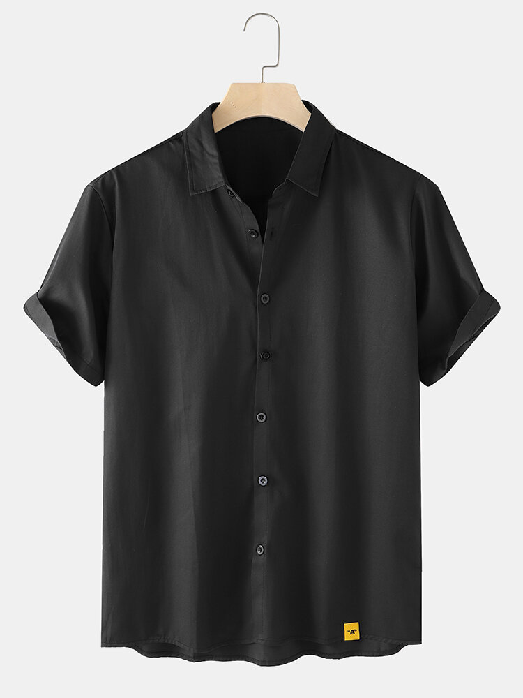 Mens Label Lapel Button Up Black Basics Short Sleeve Shirt