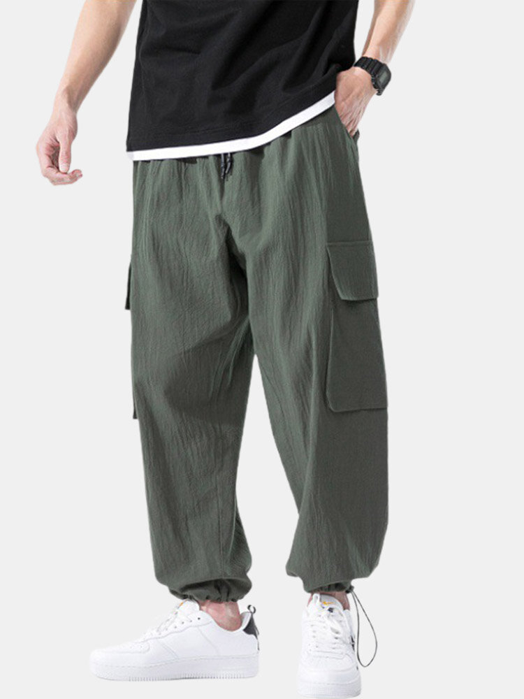 Mens Linen Solid Color Loose Casual Drawstring Cuff Cargo Pants