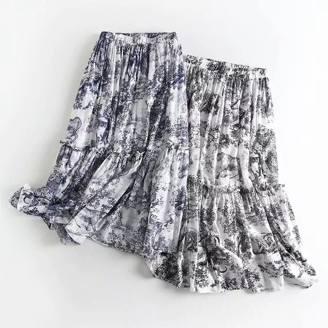 European And American Style New Women's Retro High Waist Loose Thin Ink Printing Long Pleated Skirt