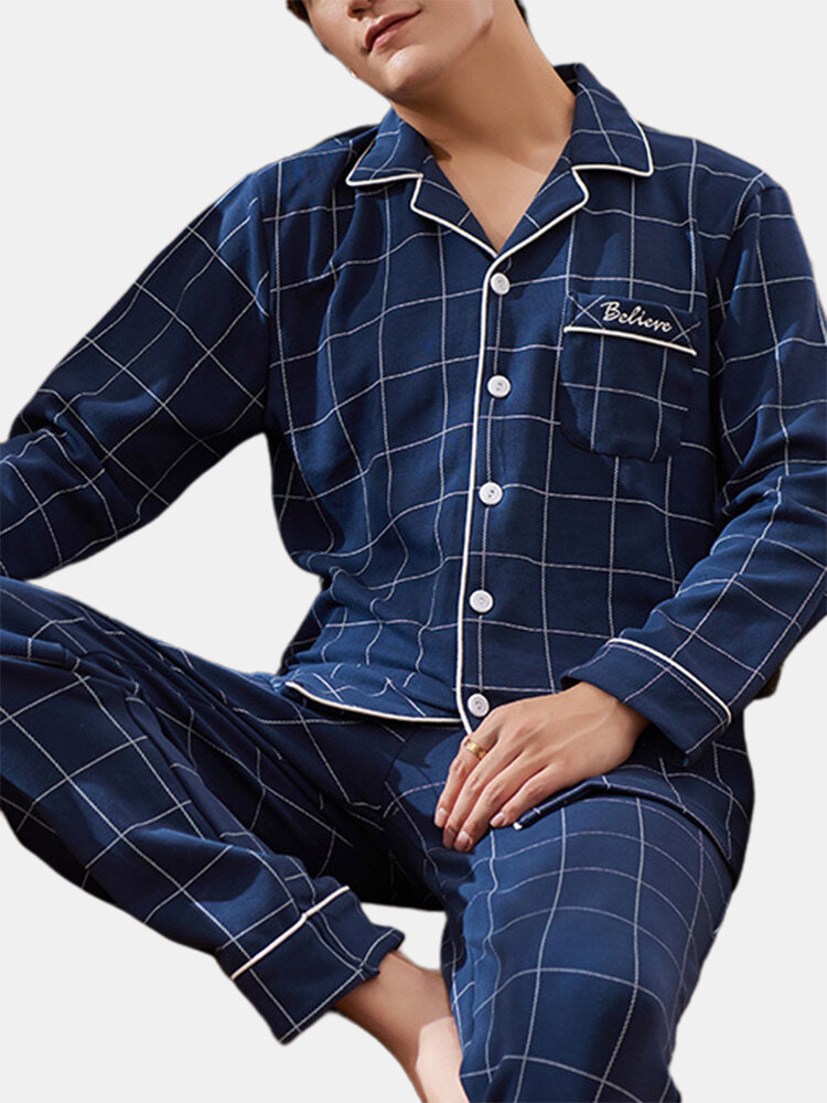 Men Cotton Plaid Pajamas Set Button Down Thermal Home Loungewear With Pockets