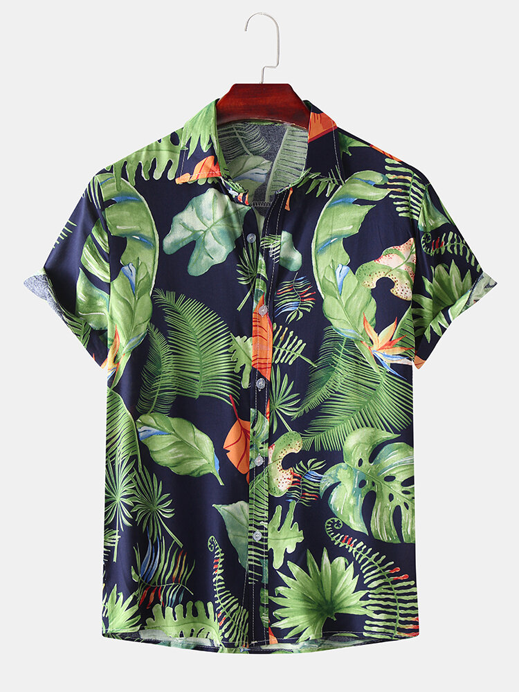 Mens Hawaii Plant Leaf Turn Down Collar Short Sleeve Shirts