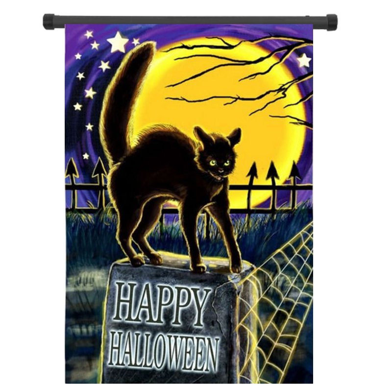 Frightened Cat Moonlight Halloween Welcome House Flag Garden Decor