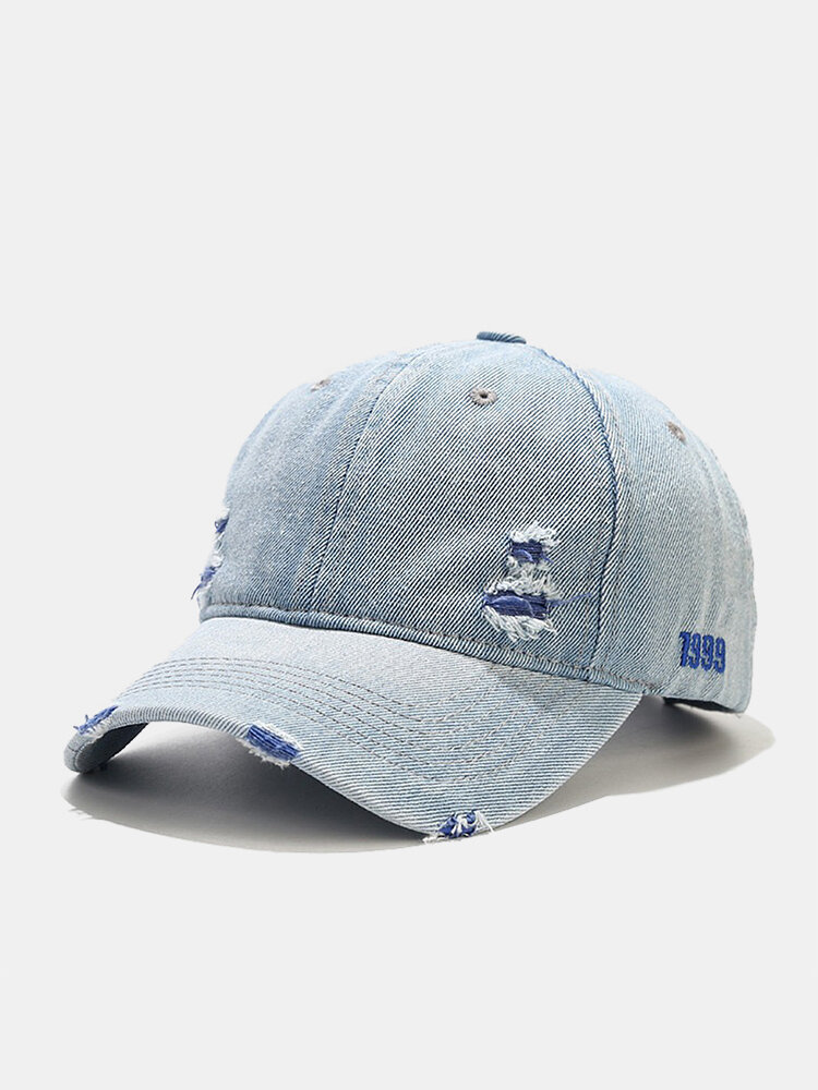 Unisex Denim Distressed Frayed Edge Embroidery Trendy Adjustable Outdoor Sunshade Peaked Caps Baseball Caps