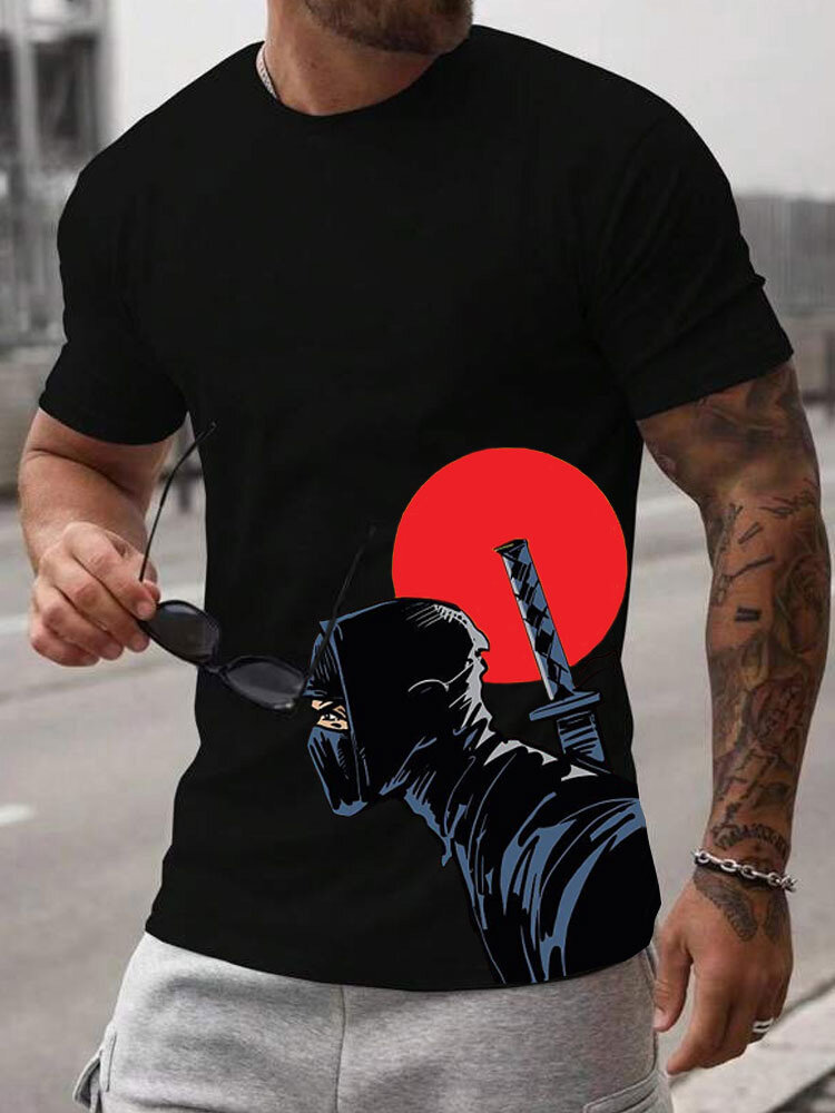 

Mens Japanese Warrior Print Crew Neck Short Sleeve T-Shirts, Black