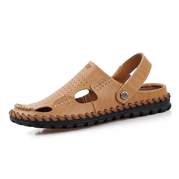 Men Leather Hollow Out Breathable Two Way Wearing Slip On Beach Slipper Sandals
