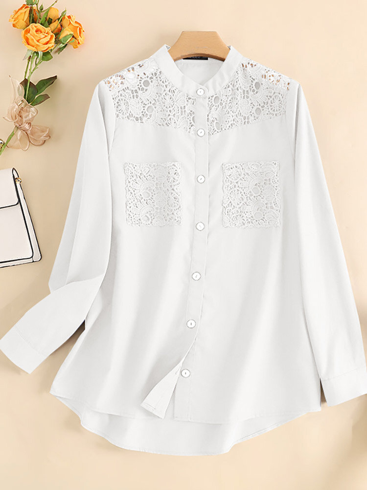 Lace Panel Button Front Long Sleeve Stand Collar Blouse