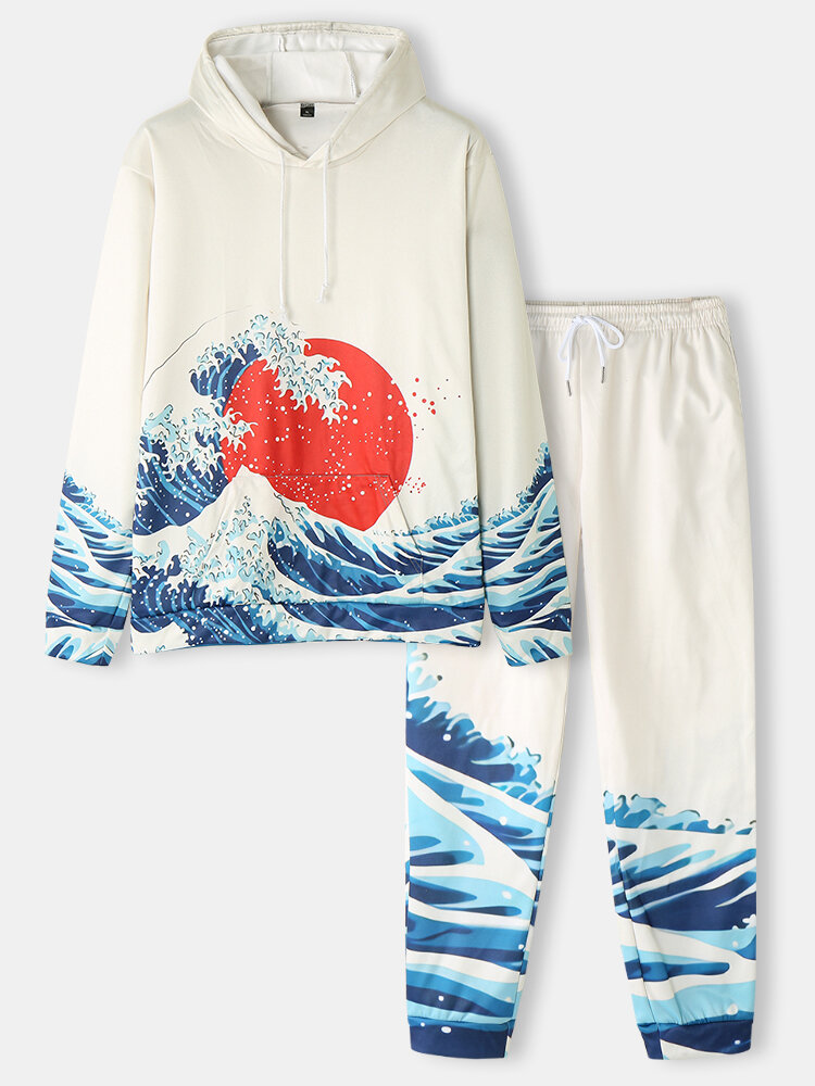Plus Size Women Japanese Ukiyoe Print Drawstring Hooded Pajamas Sets