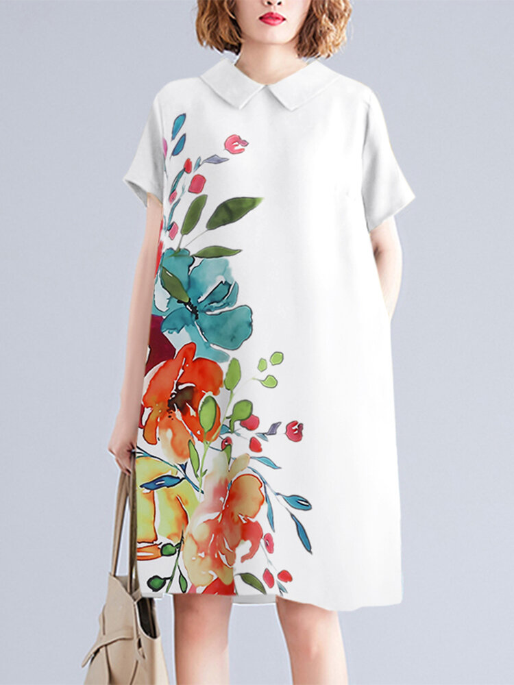 Women Floral Print Lapel Casual Short Sleeve Dress