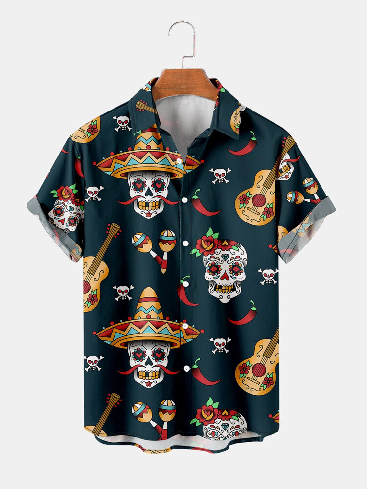 Mens Head Skull Funny Print Lapel Collar Comfy Shirts