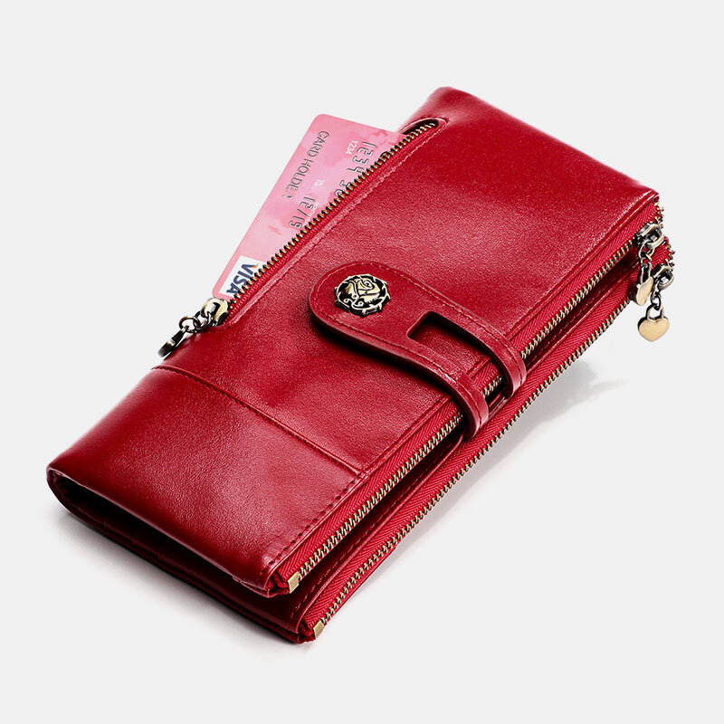

Women Genuine Leather Rfid Antimagnetic Multi-slots 14 Card Slots Zipper Bifold Long Wallet, Red;blue;armygreen
