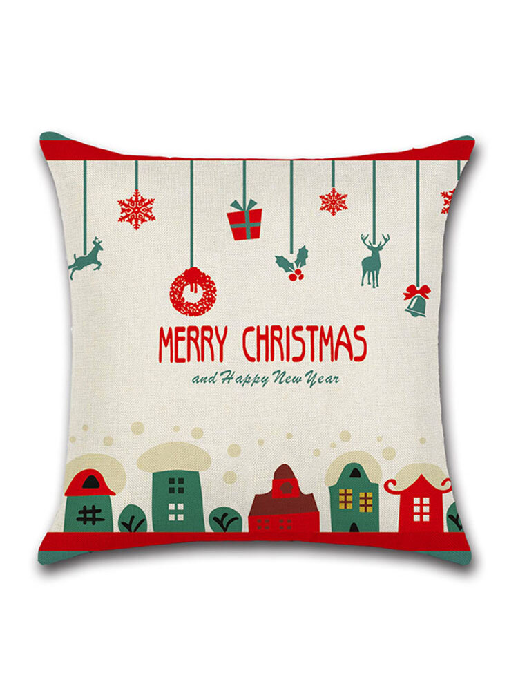 Cartoon Christmas Santa Elk Linen Cotton Cushion Cover Home Sofa Christmas Art Decor Pillowcases