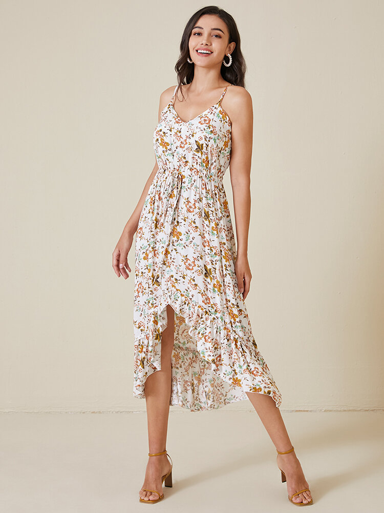 Floral Print Open Back Adjustable Strap Ruffle High-low Dress