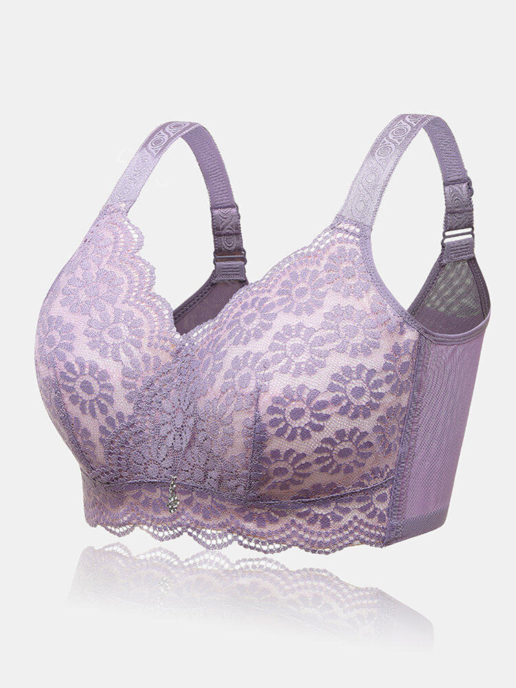 

Women Floral Jacquard Wireless Lace Trim Full Cup Lightly Lined Comfy Back Closure Bra, Purple;grey;nude;green;black