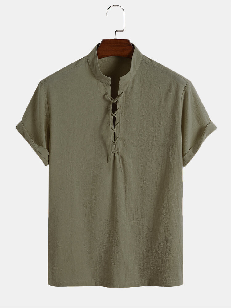 Designer Mens 100% Cotton Breathable Solid Bandage Front Short Sleeve Henley Shirts