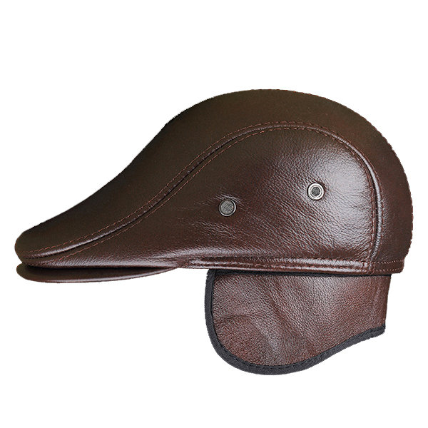 Men Classic Genuine Cowhide With Ear Flaps Beret Hats Casual With ...