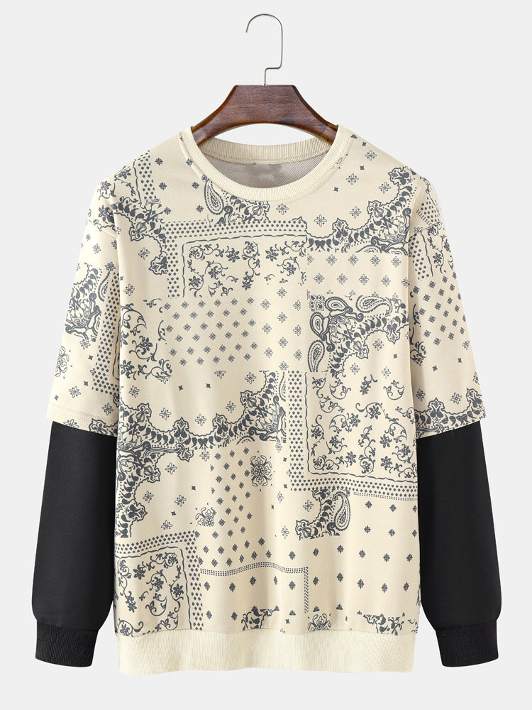 Mens Paisley Scarf Print Stitching Sleeve Street Pullover Sweatshirts
