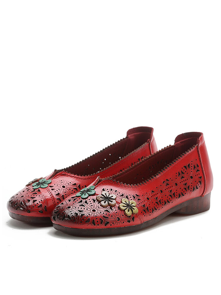 Socofy Genuine Leather Handmade Retro Ethnic Soft Comfy Breathable Hollow Floral Flat Shoes