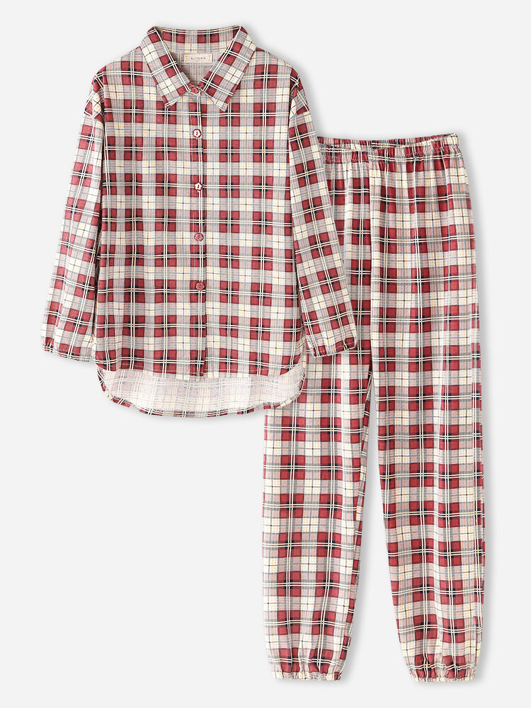 

Women Plus Size Check Print Cotton High Low Hem Elastic Cuff Casual Loose Homewear Pajamas Set, Green;red