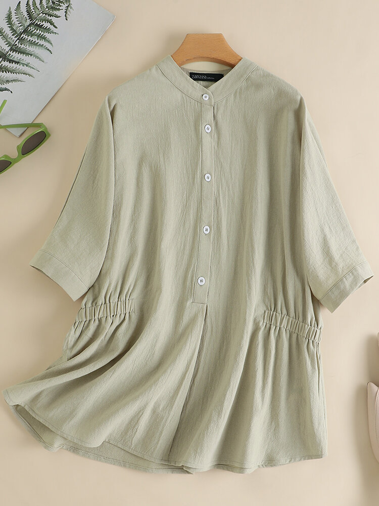 Solid Loose Button Front Stand Collar Half Sleeve Blouse