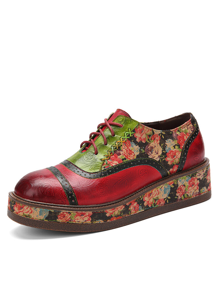 Socofy Genuine Leather Handmade Stitching Lace-up Comfy Platform Casual Floral Oxfords Shoes