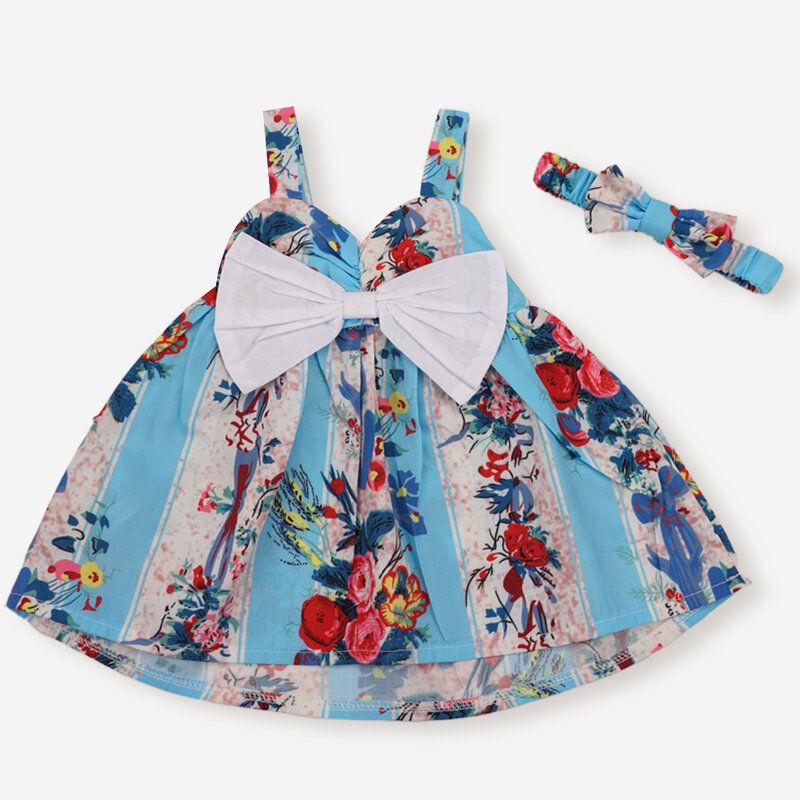 2PCs Girl's Floral Print Bowknot Sleeveless Casual Suspender Dress For 1-5Y