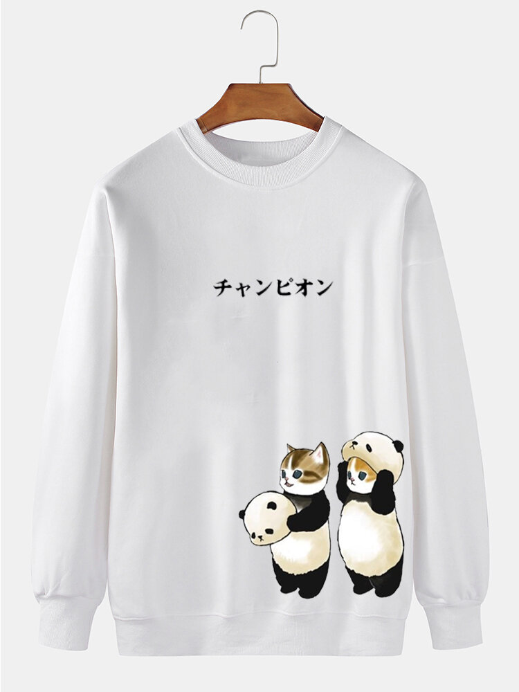 

Mens Japanese Cartoon Panda Cat Print Crew Neck Pullover Sweatshirts, White;apricot