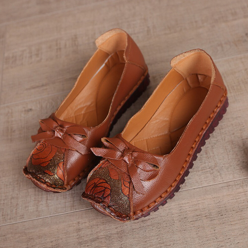 Women Casual Retro Leather Butterfly Knot Single Flats Shoes