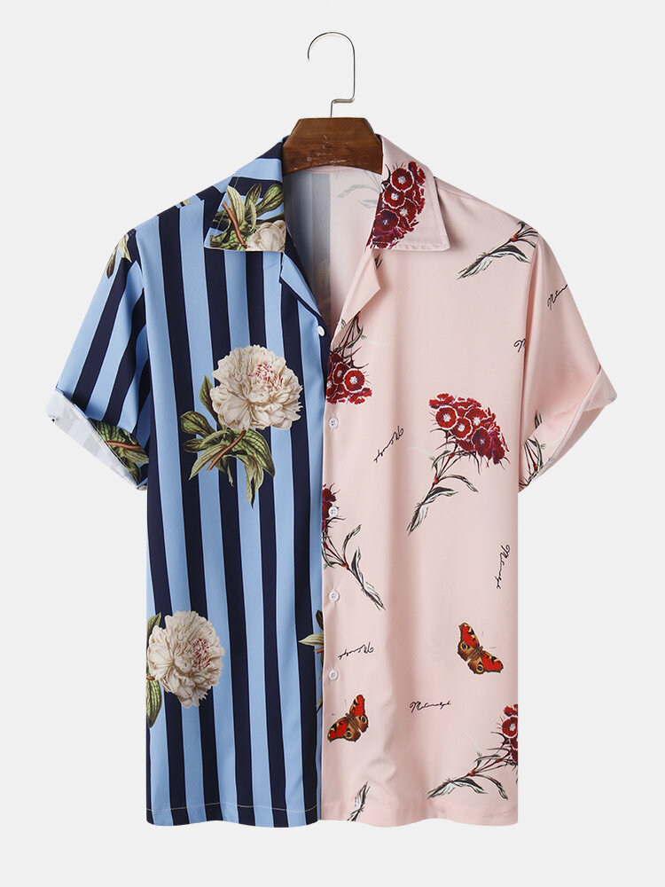 Mens Stripe & Flower Print Patchwork Revere Collar Holiday Short Sleeve Shirts