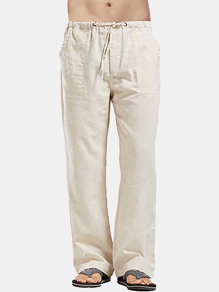 Men Linen Plain Loose Tall Pants Breathable Casual Lounge Drawstring Pajamas With Pockets