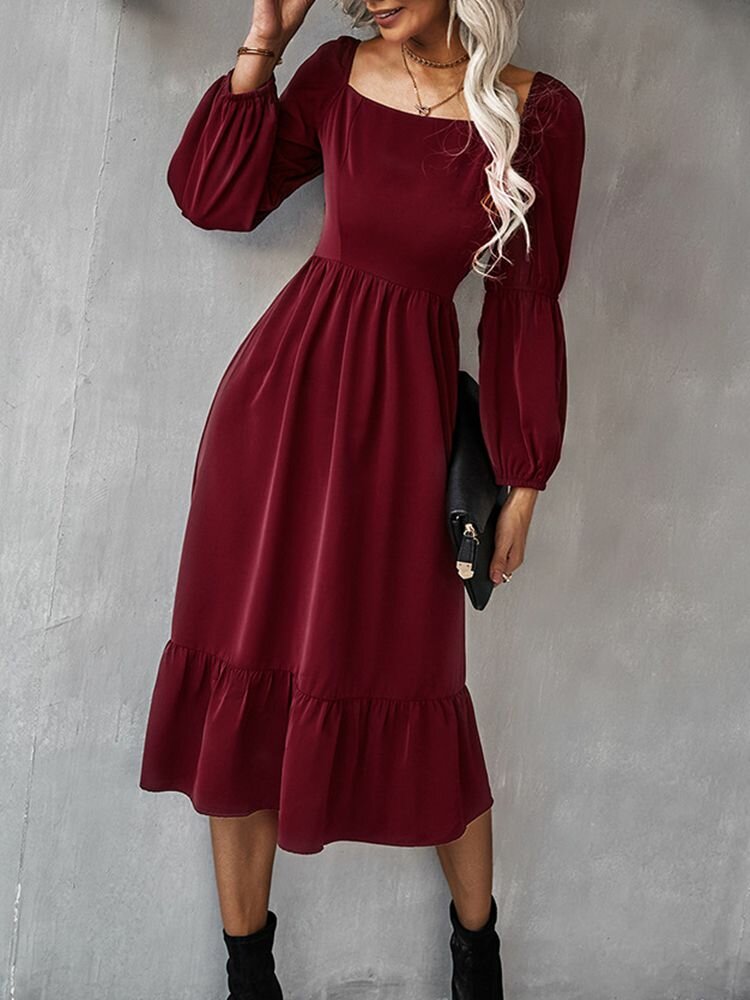 Solid Square Collar Shirred Long Sleeve Casual Dress
