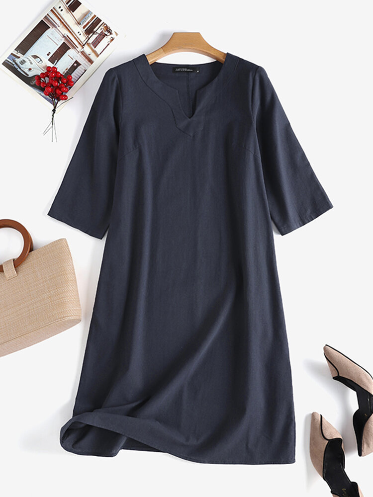 Women Solid Notched Neck Cotton 3 4 Sleeve Dress