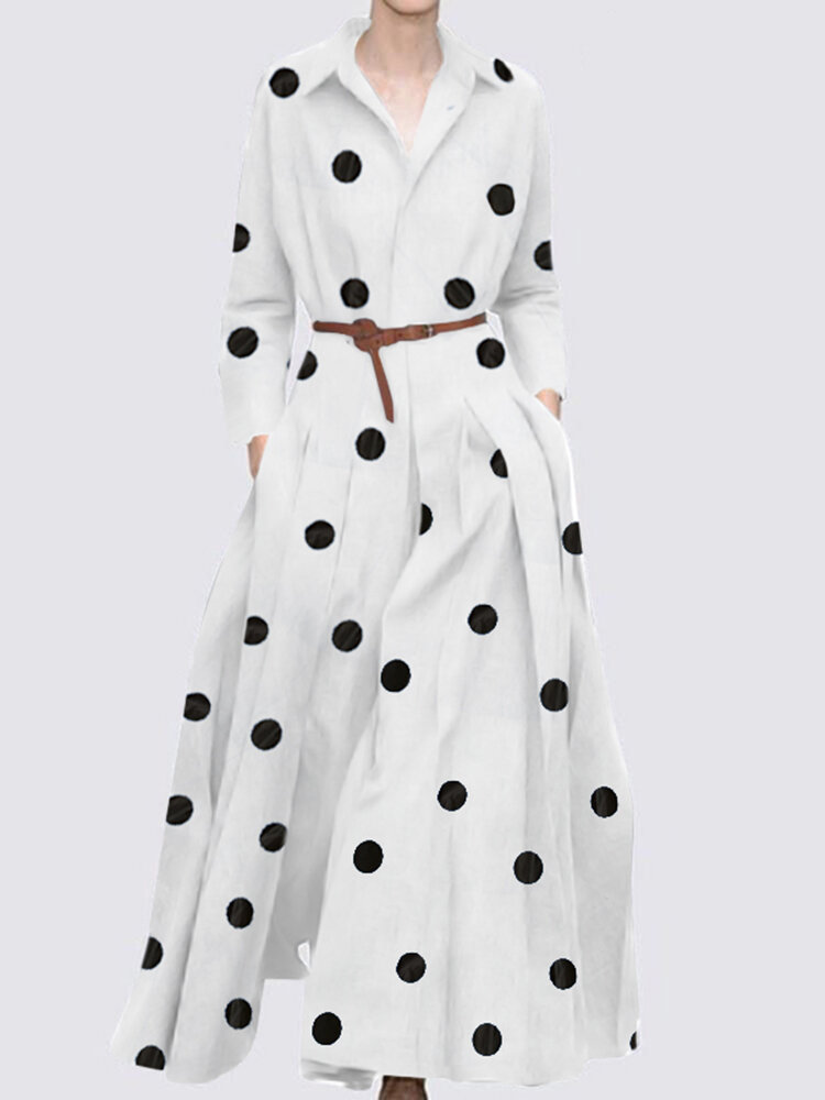 Polka Dot Print Pleated Pocket Long Sleeve Maxi Dress