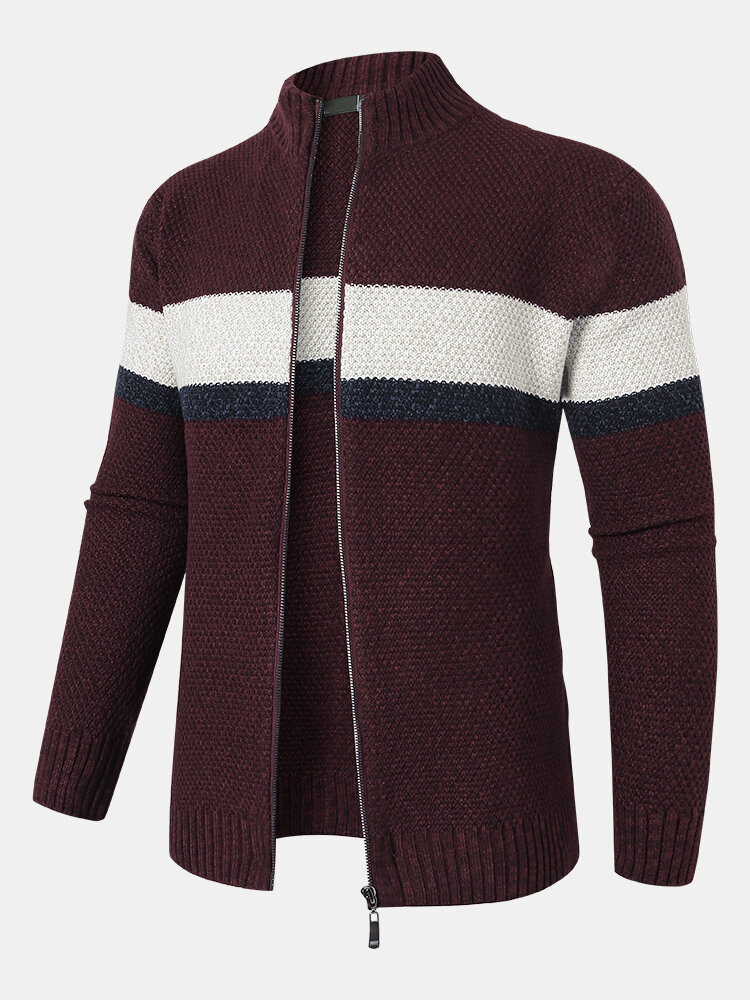 Mens Panel Stitching Stand Collar Zipper Design Knitted Casual Cardigans